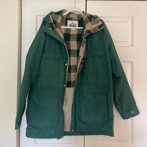 Vintage Woolrich Men Green Rain Coat Jacket Large Hooded Plaid Wool Lined